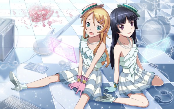 Anime picture 1600x1000 with ore no imouto ga konna ni kawaii wake ga nai gokou ruri kousaka kirino edogawakid long hair open mouth black hair blonde hair wide image purple eyes multiple girls green eyes striped checkered floor girl dress gloves 2 girls hat jewelry