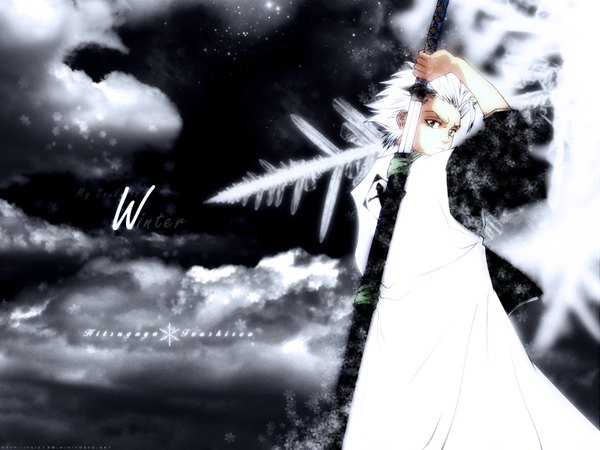 Anime picture 1600x1200 with bleach studio pierrot hitsugaya toushirou single short hair signed sky cloud (clouds) white hair traditional clothes japanese clothes looking back winter snow third-party edit unsheathing boy weapon sword katana