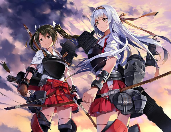 Anime picture 1150x885 with kantai collection shoukaku aircraft carrier zuikaku aircraft carrier neko (yanshoujie) long hair black hair twintails multiple girls brown eyes sky cloud (clouds) white hair girl skirt weapon 2 girls hairband armor bow (weapon)