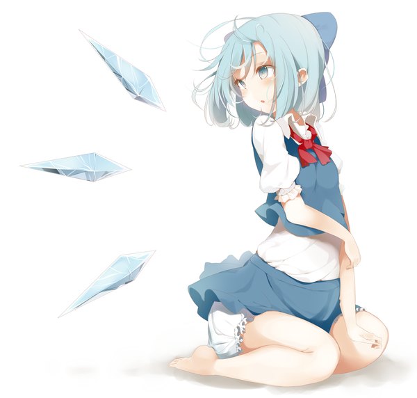 Anime picture 3300x3150 with touhou cirno dzuu single blush highres short hair open mouth blue eyes simple background white background sitting blue hair absurdres barefoot girl bow hair bow wings crystal