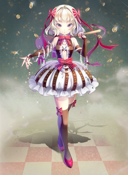 Anime picture 2600x3550 with original mimika (puetilun) single tall image looking at viewer highres short hair blonde hair purple eyes full body open clothes sparkle shadow checkered floor star print fog girl thighhighs navel bow