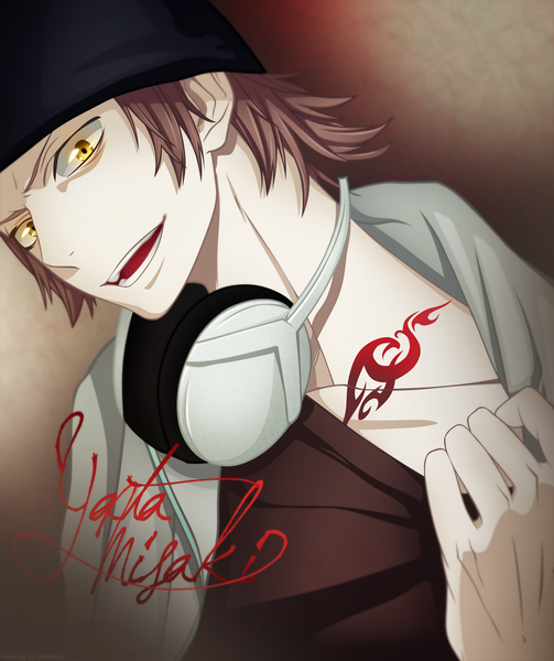 Anime picture 1258x1500 with k-project gohands (studio) misaki yata single tall image looking at viewer short hair brown hair yellow eyes inscription tattoo headphones around neck boy jacket headphones cap