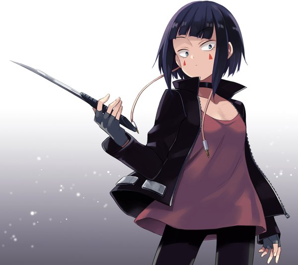 Anime picture 900x800 with boku no hero academia studio bones jirou kyouka hama chon single fringe short hair black hair simple background looking away blunt bangs aqua eyes open jacket gradient background facial mark girl gloves weapon choker jacket