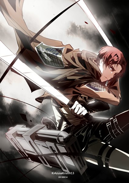 Anime picture 809x1147 with shingeki no kyojin production i.g levi (rivaille) kristin13 (pixiv) single tall image short hair red eyes holding signed red hair dual wielding boy uniform weapon sword belt cape wire (wires)