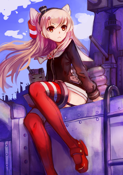 Anime picture 1039x1476 with kantai collection amatsukaze destroyer rensouhou-kun alvein6 single long hair tall image red eyes sitting looking away pink hair sky cloud (clouds) wind teeth fang (fangs) two side up :< girl thighhighs