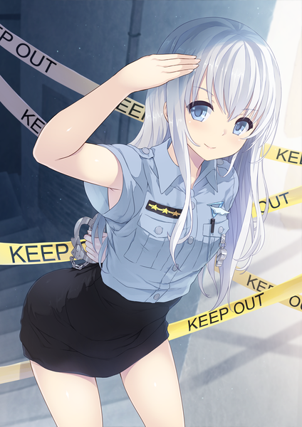 Anime picture 1273x1800 with the personification of atmosphere kuuki shoujo cait single long hair tall image looking at viewer fringe blue eyes smile white hair leaning leaning forward salute girl skirt uniform pencil skirt handcuffs police uniform
