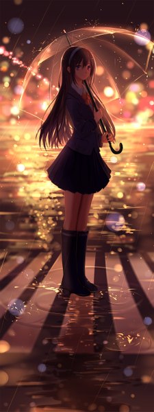 Anime picture 1068x2849 with original huhv. single long hair tall image looking at viewer fringe black hair purple eyes holding outdoors pleated skirt lips blurry night night sky rain city lights street transparent umbrella