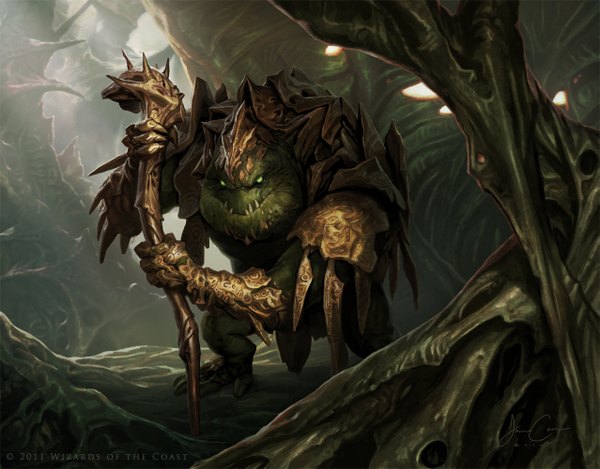 Anime picture 1277x1000 with jason chan single green eyes troll tree (trees) armor staff forest monster