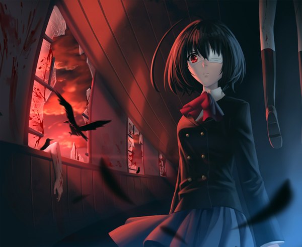 Anime picture 1366x1119 with another p.a. works misaki mei penguin frontier short hair black hair red eyes ahoge indoors lips evening sunset red background legs up scared broken glass death girl skirt uniform