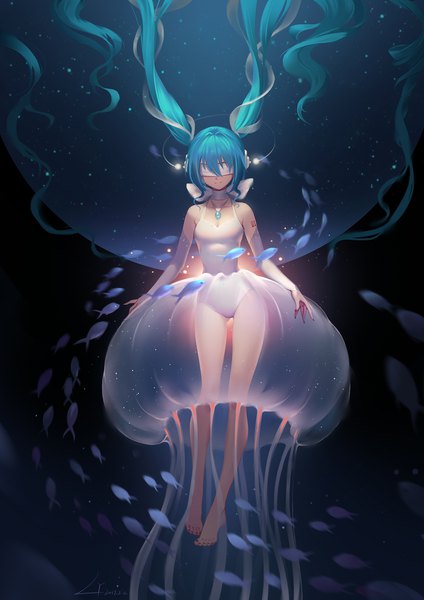 Anime picture 1500x2122 with vocaloid hatsune miku lian yao single tall image fringe light erotic hair between eyes twintails signed payot full body very long hair aqua hair tattoo floating hair ass visible through thighs underwater blindfold covering eye (eyes)