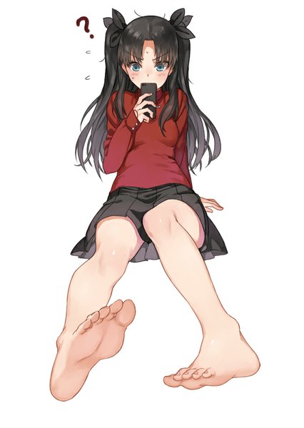 Anime picture 568x800 with fate (series) fate/stay night type-moon toosaka rin haijin single long hair tall image blush black hair simple background white background sitting twintails pleated skirt barefoot aqua eyes legs ? girl