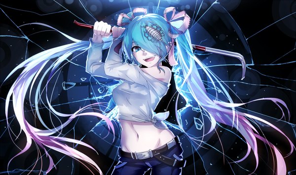 Anime-Bild 1700x1010 mit vocaloid hatsune miku qys3 single looking at viewer fringe open mouth wide image twintails very long hair multicolored hair aqua eyes hair over one eye aqua hair midriff gradient hair broken glass girl navel hair ornament