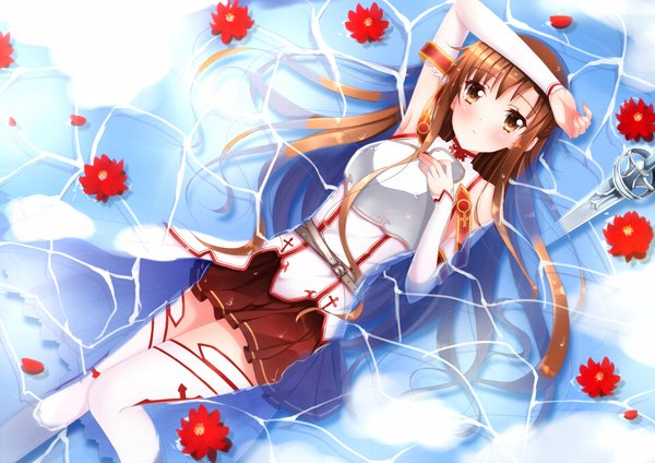 Anime picture 1440x1018 with sword art online a-1 pictures yuuki asuna swordsouls single looking at viewer blush fringe brown hair brown eyes lying wet girl thighhighs skirt flower (flowers) weapon detached sleeves petals water