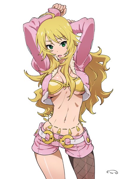 Anime picture 688x1000 with idolmaster hoshii miki suna (artist) single long hair tall image looking at viewer blush open mouth light erotic blonde hair green eyes open clothes open jacket midriff pink diamond 765 girl navel jacket shorts