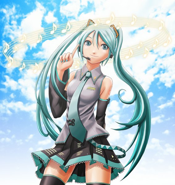 Anime picture 1000x1057 with vocaloid hatsune miku v-mag single tall image twintails very long hair aqua eyes aqua hair zettai ryouiki girl skirt detached sleeves miniskirt necktie headphones musical note
