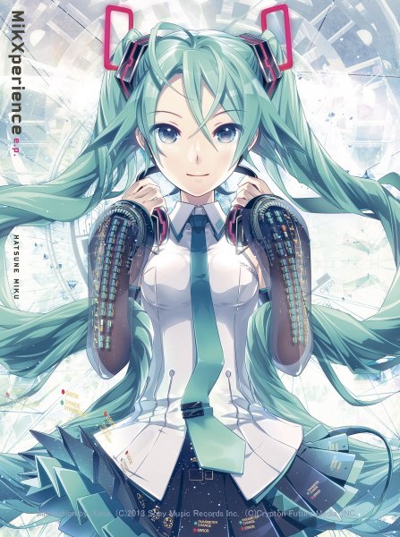 Anime picture 894x1200 with vocaloid hatsune miku hatsune miku (vocaloid3) ixima single tall image looking at viewer twintails very long hair aqua eyes aqua hair girl dress skirt detached sleeves necktie headphones