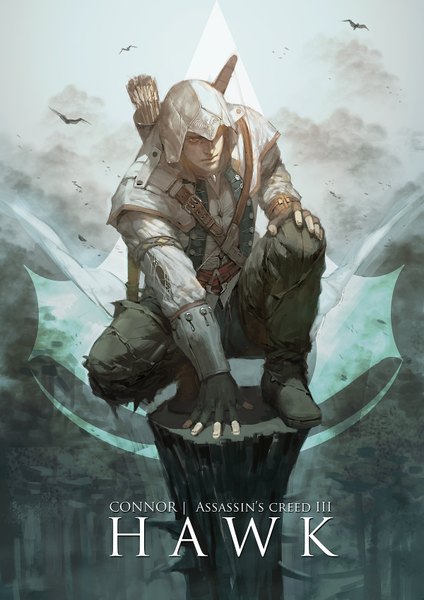 Anime picture 1200x1697 with assassin's creed (game) ratohnhaketon (connor) etmisa single tall image inscription boy weapon animal belt fingerless gloves bird (birds) hood bow (weapon) stone (stones) arrow (arrows)