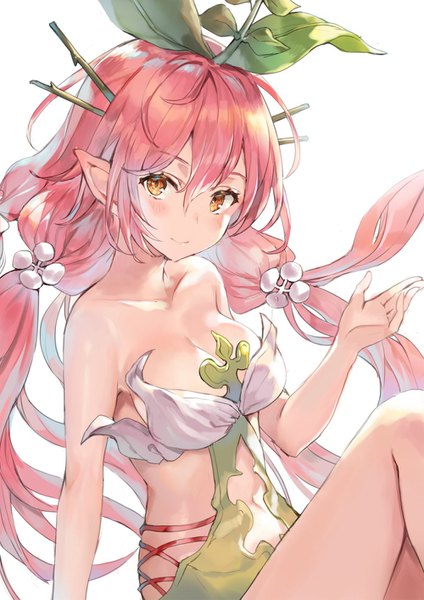 Anime picture 1000x1414 with granblue fantasy yggdrasil (granblue fantasy) momoko (momopoco) single long hair tall image looking at viewer blush fringe breasts light erotic simple background hair between eyes large breasts white background sitting twintails pink hair cleavage light smile