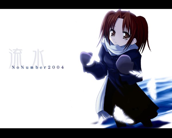 Anime picture 1280x1024 with shingetsutan tsukihime type-moon yumizuka satsuki tagme (artist) single short hair brown hair brown eyes hieroglyph letterboxed girl scarf feather (feathers) winter clothes mittens