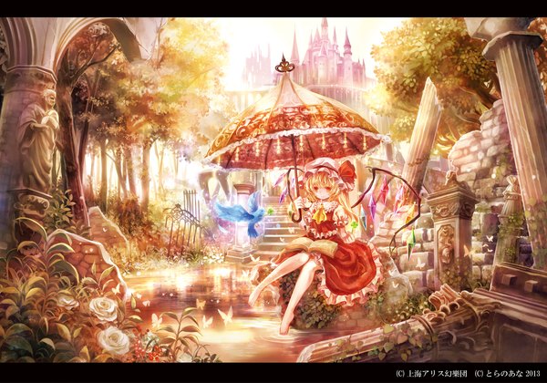 Anime picture 1298x909 with touhou flandre scarlet torino aqua looking at viewer short hair blonde hair red eyes sitting letterboxed girl dress plant (plants) animal petals wings tree (trees) frills bird (birds) book (books) insect