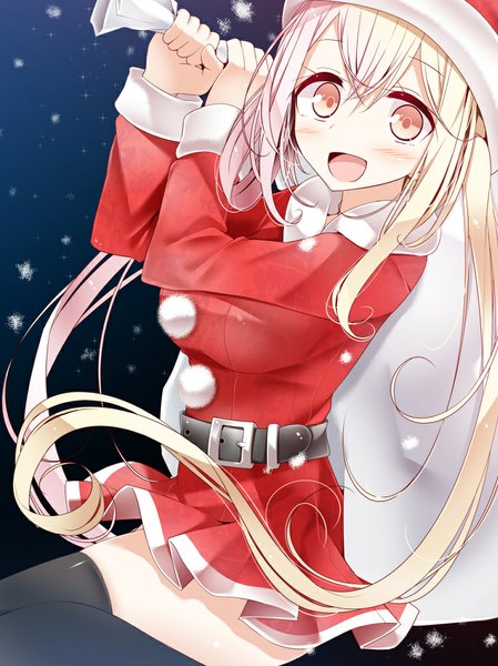 Anime picture 749x1000 with original oouso (usotsukiya) single long hair tall image looking at viewer blush breasts open mouth blonde hair orange eyes zettai ryouiki fur trim happy snowing christmas girl thighhighs dress black thighhighs