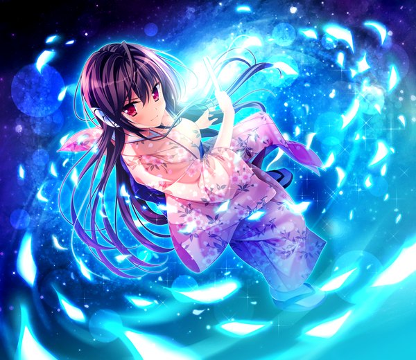 Anime picture 1475x1280 with sakura no mori dreamers original yamakaze ran single long hair blush black hair red eyes standing holding payot game cg traditional clothes japanese clothes wide sleeves sparkle floating hair magic floral print glowing