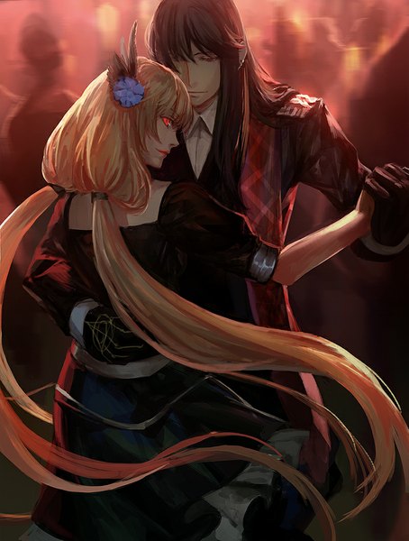 Anime picture 800x1057 with original pixiv fantasia pixiv fantasia fallen kings kzcjimmy long hair tall image fringe black hair blonde hair red eyes twintails hair flower hair over one eye lipstick holding hands red lipstick dancing girl dress boy