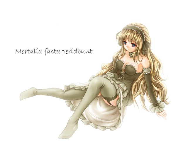 Anime picture 1920x1564 with pandora no yume su-7d1 minazuki (jo) single long hair highres blue eyes simple background blonde hair white background bare shoulders girl thighhighs dress black thighhighs detached sleeves hairband