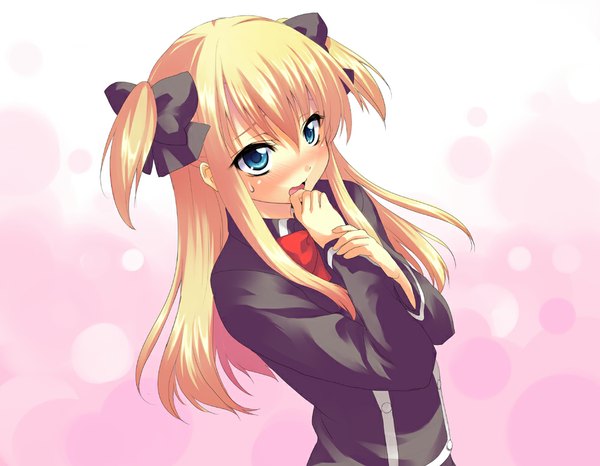 Anime picture 1000x778 with quiz magic academy shalon kajo single long hair blush open mouth blue eyes blonde hair two side up girl ribbon (ribbons) hair ribbon school uniform
