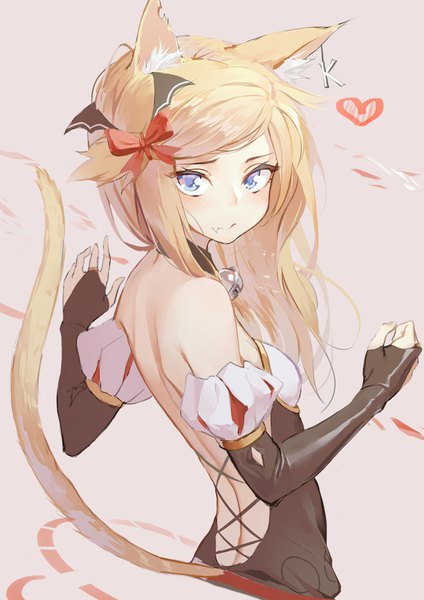 Anime picture 2480x3507 with original kentllaall single long hair tall image looking at viewer blush highres blue eyes blonde hair simple background bare shoulders animal ears upper body tail animal tail looking back from behind cat ears cat girl