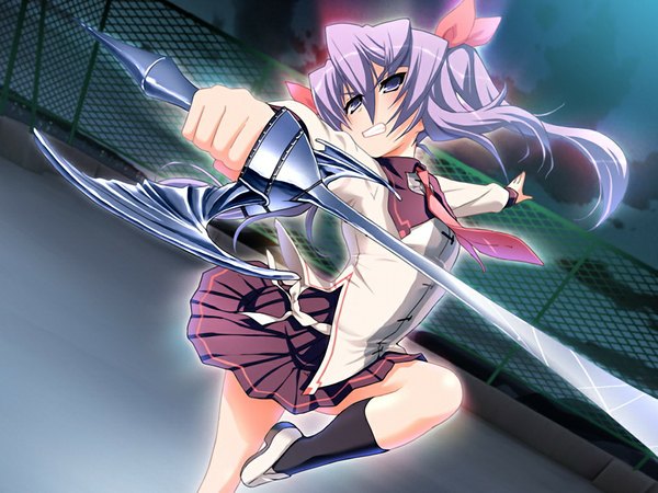 Anime picture 1024x768 with gengetsu no pandora kurumiya uiro purple eyes twintails game cg purple hair girl sword serafuku