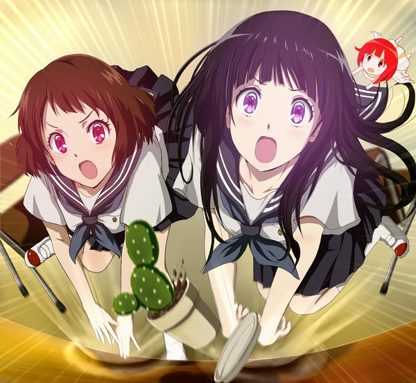 Anime picture 1300x1200 with hyouka kyoto animation chitanda eru ibara mayaka hina (araburu-hinadori) long hair short hair open mouth black hair red eyes brown hair purple eyes multiple girls :o girl skirt 2 girls socks serafuku white socks