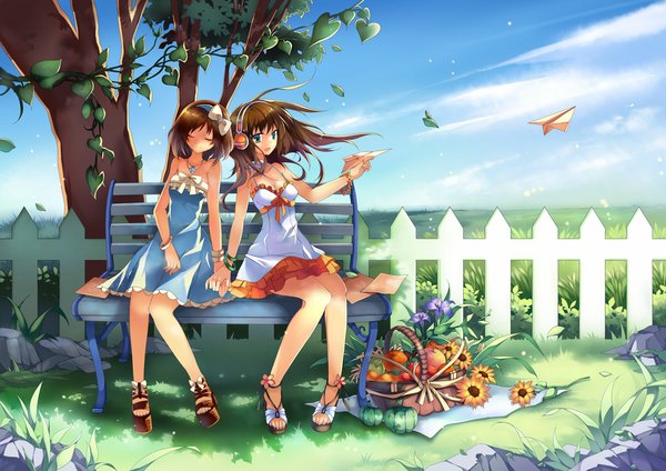 Anime picture 1169x827 with original liy093275411 long hair short hair open mouth blue eyes brown hair sitting multiple girls eyes closed wind holding hands girl flower (flowers) bow 2 girls plant (plants) tree (trees) bracelet hairband