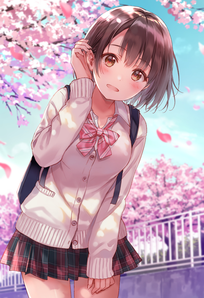 Anime picture 638x933 with original sorai mahiru (fukahire) fukahire (ruinon) single tall image looking at viewer blush fringe short hair open mouth hair between eyes brown hair standing brown eyes outdoors head tilt pleated skirt light smile leaning leaning forward