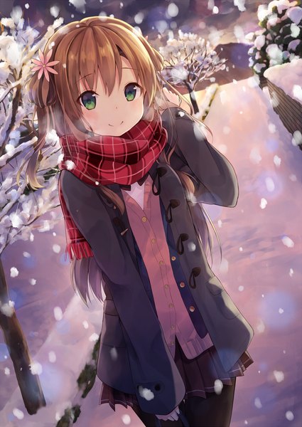 Anime picture 1024x1446 with original nonono (nononotea) single long hair tall image looking at viewer blush smile brown hair standing twintails green eyes pleated skirt hair flower open clothes open jacket dutch angle adjusting hair snowing winter