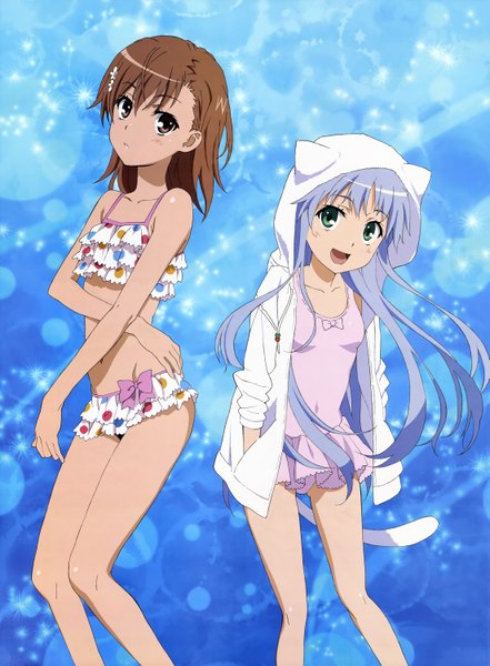 Anime picture 4409x6000 with to aru majutsu no index j.c. staff misaka mikoto index long hair tall image highres short hair open mouth light erotic brown hair multiple girls brown eyes green eyes blue hair absurdres blue background girl 2 girls swimsuit