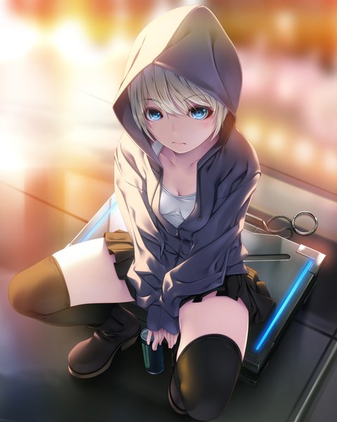 Anime picture 800x1000 with original rezi single tall image looking at viewer short hair blue eyes sitting white hair from above depth of field girl thighhighs skirt black thighhighs miniskirt boots hood hoodie