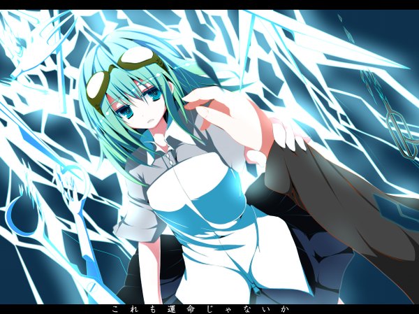 Anime picture 1206x904 with sukage long hair blue eyes green hair letterboxed girl skirt miniskirt shirt goggles