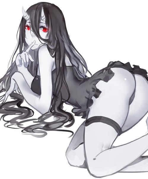 Anime picture 900x1082 with kantai collection battleship-symbiotic hime xiaoshou xiansheng single long hair tall image looking at viewer light erotic black hair simple background hair between eyes red eyes white background bare shoulders bent knee (knees) ass horn (horns) finger to mouth reclining oni horns