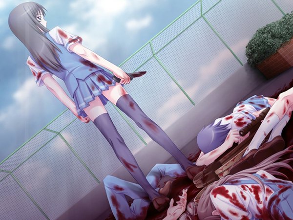 Anime picture 1024x768 with cross channel long hair black hair standing multiple girls game cg full body outdoors lying pleated skirt looking back short sleeves girl thighhighs boy skirt blood 4 girls knife corpse