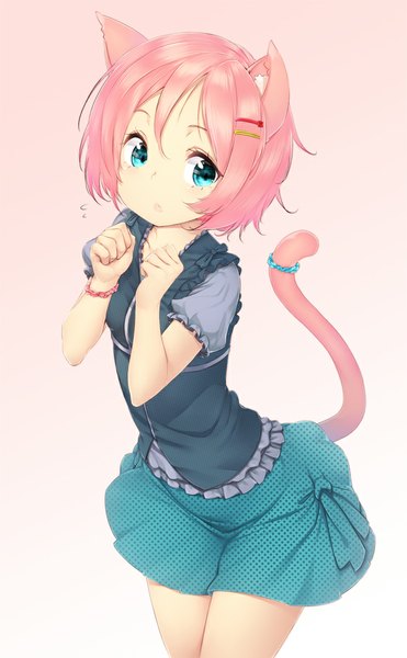 Anime picture 649x1050 with original zizi (zz22) single tall image looking at viewer short hair animal ears pink hair tail animal tail aqua eyes cat ears cat tail polka dot girl hair ornament bracelet blouse hairpin (hairpins)