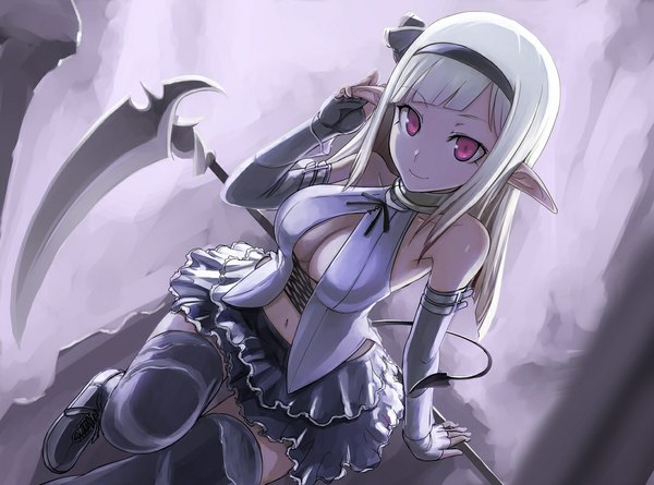 Anime picture 1078x800 with original tea (nakenashi) single long hair breasts light erotic red eyes cleavage white hair pointy ears girl thighhighs navel black thighhighs detached sleeves miniskirt hairband scythe