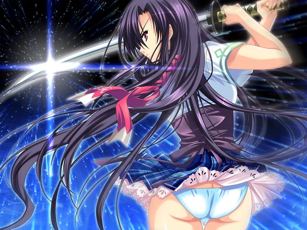Anime picture 1024x768 with moekoi ishin! (game) long hair light erotic purple eyes game cg purple hair girl underwear panties sword serafuku