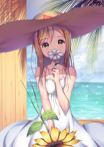 Anime picture 1000x1414 with love live! sunshine!! sunrise (studio) love live! kunikida hanamaru kr (sapphire) single long hair tall image looking at viewer blush fringe hair between eyes brown hair standing bare shoulders holding yellow eyes sky cloud (clouds) outdoors