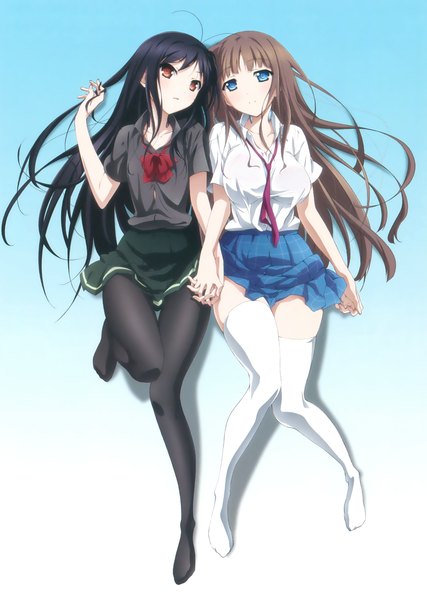 Anime picture 2019x2840 with accel world sunrise (studio) kuroyukihime kurasaki fuuko long hair tall image highres breasts blue eyes black hair red eyes brown hair large breasts multiple girls full body bent knee (knees) scan official art no shoes holding hands