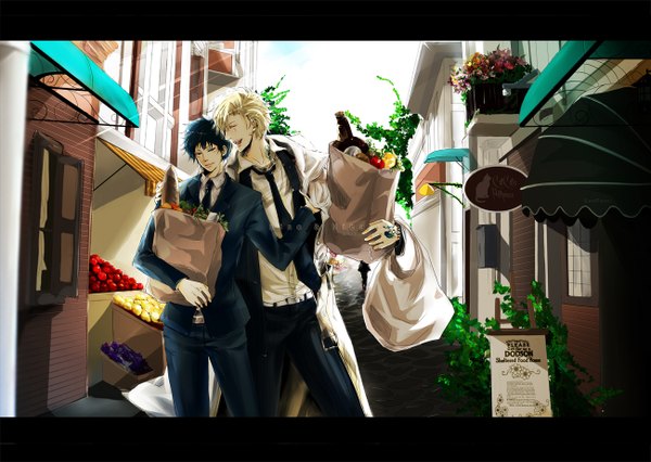 Anime picture 1300x925 with katekyou hitman reborn hibari kyouya dino cavallone takaraimei (artist) short hair black hair blonde hair couple boy flower (flowers) plant (plants) necktie food pants fruit suit bottle