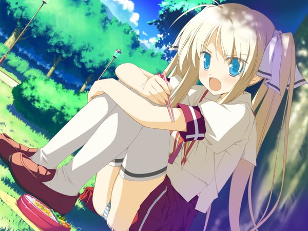 Anime picture 1600x1200 with hoshizora no memoria hisakaki komomo shida kazuhiro single long hair blush open mouth blue eyes light erotic blonde hair sitting twintails game cg ahoge pantyshot sitting girl thighhighs uniform underwear panties