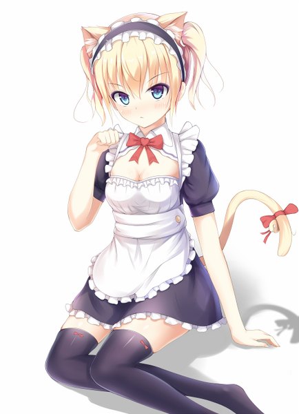 Anime picture 1000x1382 with original kagami (galgamesion) single tall image blush fringe short hair breasts blonde hair simple background white background sitting twintails animal ears bent knee (knees) tail animal tail cat ears shadow maid