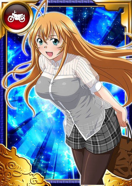 Anime picture 567x800 with ikkitousen sonsaku hakufu single long hair tall image blush breasts open mouth blonde hair smile large breasts payot looking away ahoge aqua eyes leaning leaning forward puffy sleeves plaid skirt striped