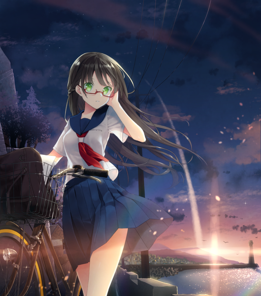 Anime picture 983x1111 with original tika (mika4975) single long hair tall image looking at viewer fringe breasts black hair green eyes cloud (clouds) outdoors braid (braids) parted lips pleated skirt wind sunlight night sparkle from below